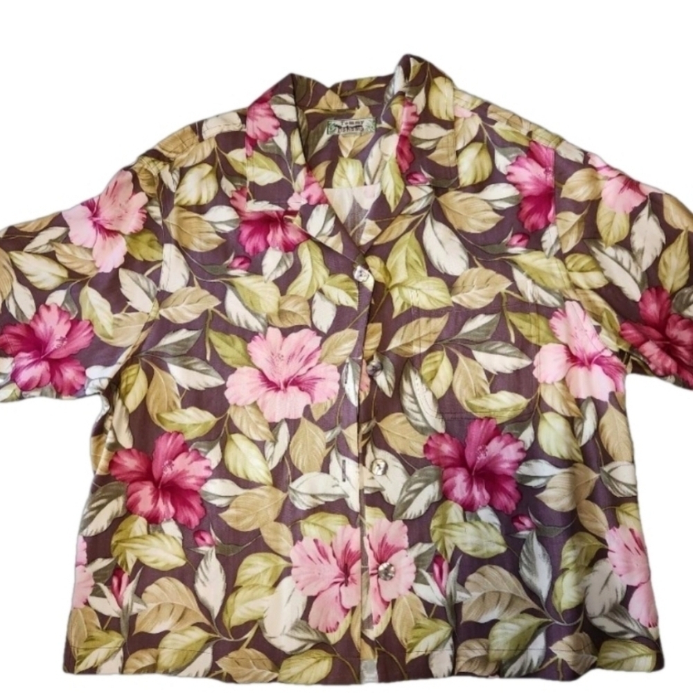 Tommy Bahama Womens 100% Silk Cropped Floral Hawaiian Blouse. Size L